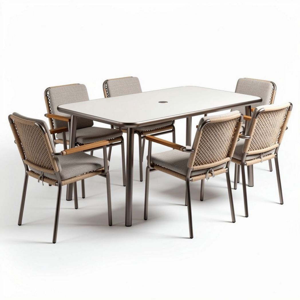 Outdoor patio dining set with aluminum frame and six cushioned chairs 90 x 150 x 75cm