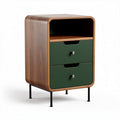 Wooden nightstand with two drawers and open storage space in green and walnut finish