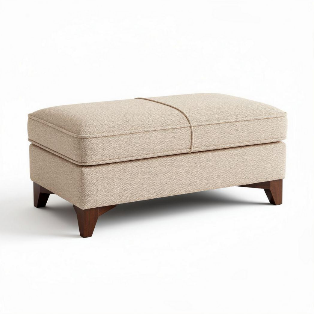 Upholstered ottoman in beige fabric with wood legs 90 x 45 x 40cm