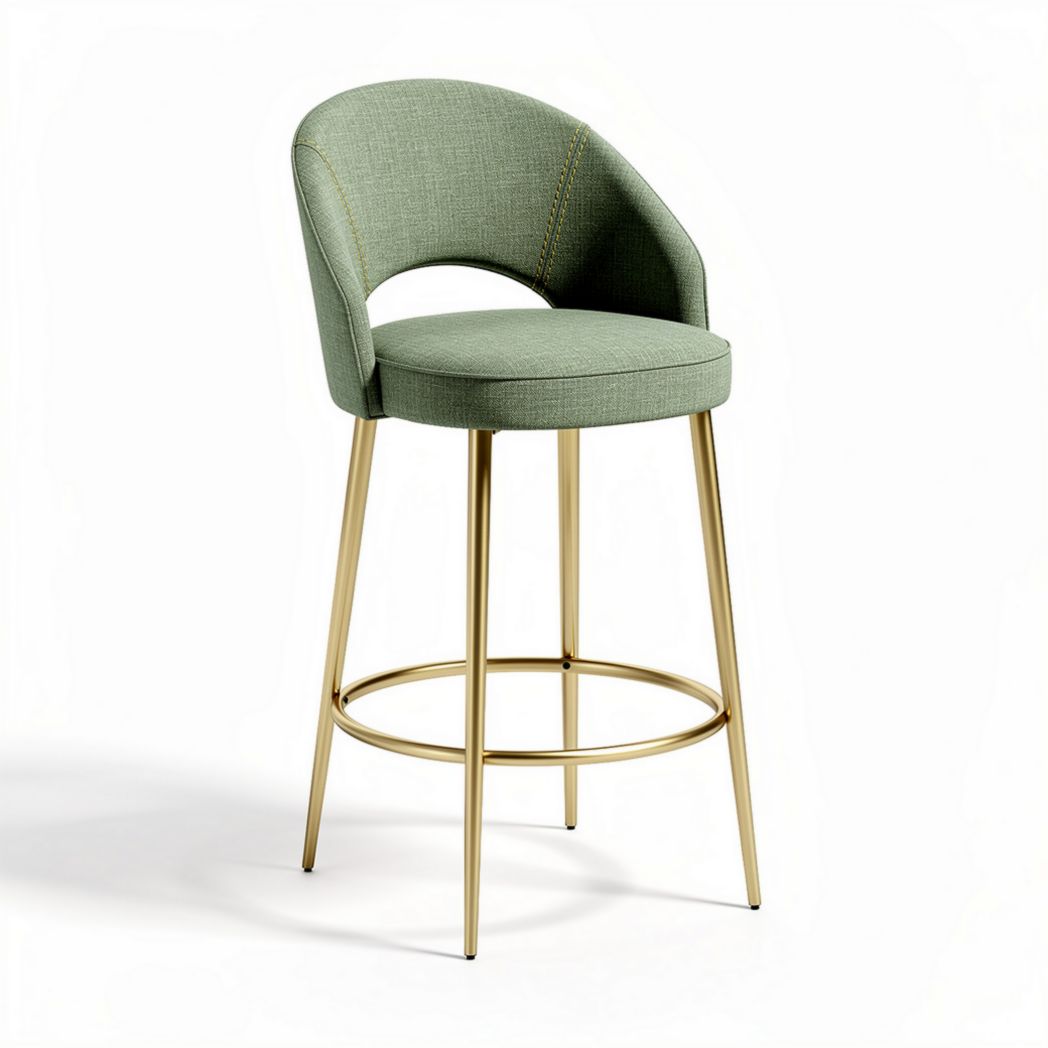 Bar stool with green fabric seat and gold metal legs 45 x 45 x 90cm