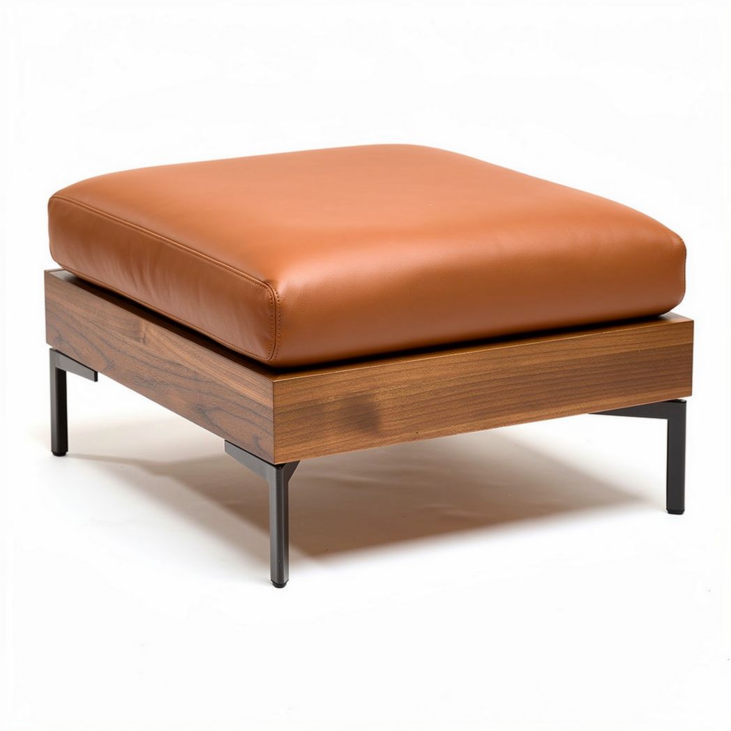 Leather upholstered ottoman with wooden base in brown 70 x 70 x 30cm