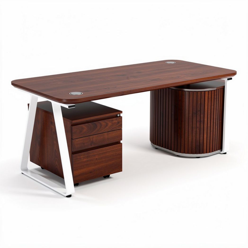 Wooden conference table with white metal legs and storage drawer 150 x 75 x 75cm