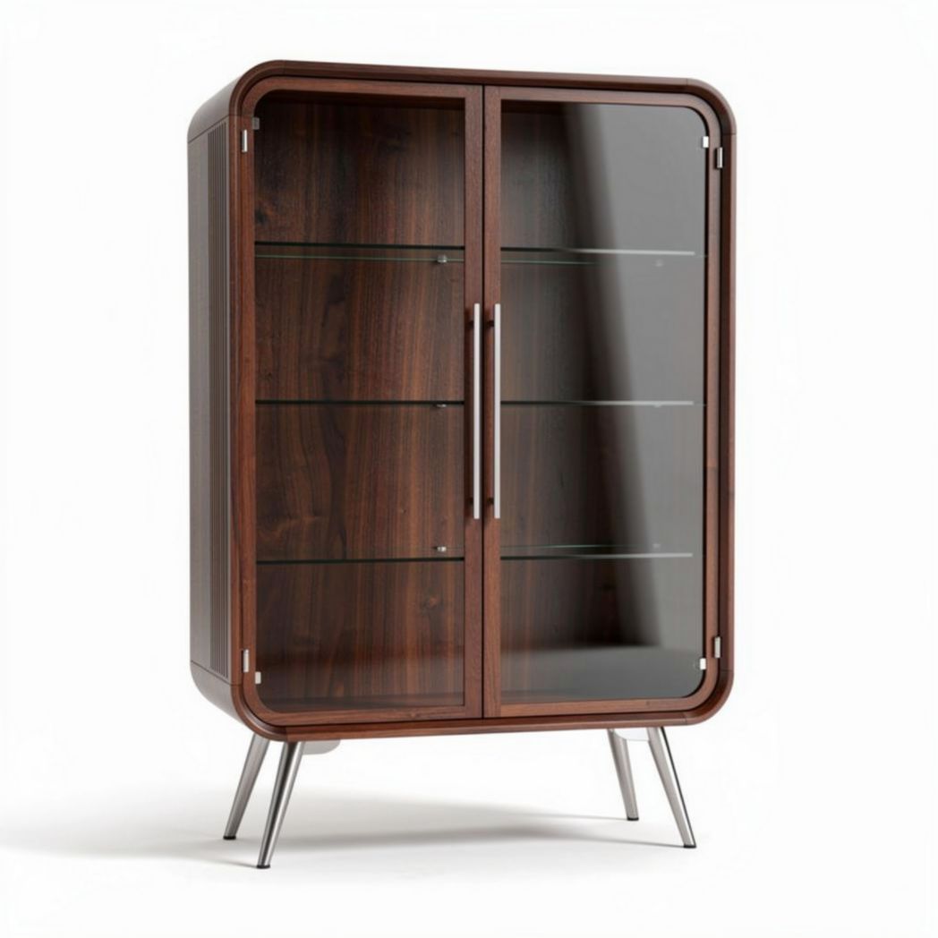Wooden display cabinet with glass doors and metal legs 80 x 40 x 120cm