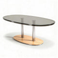 Glass top coffee table with wooden base and stainless steel legs 150 x 80 x 75cm