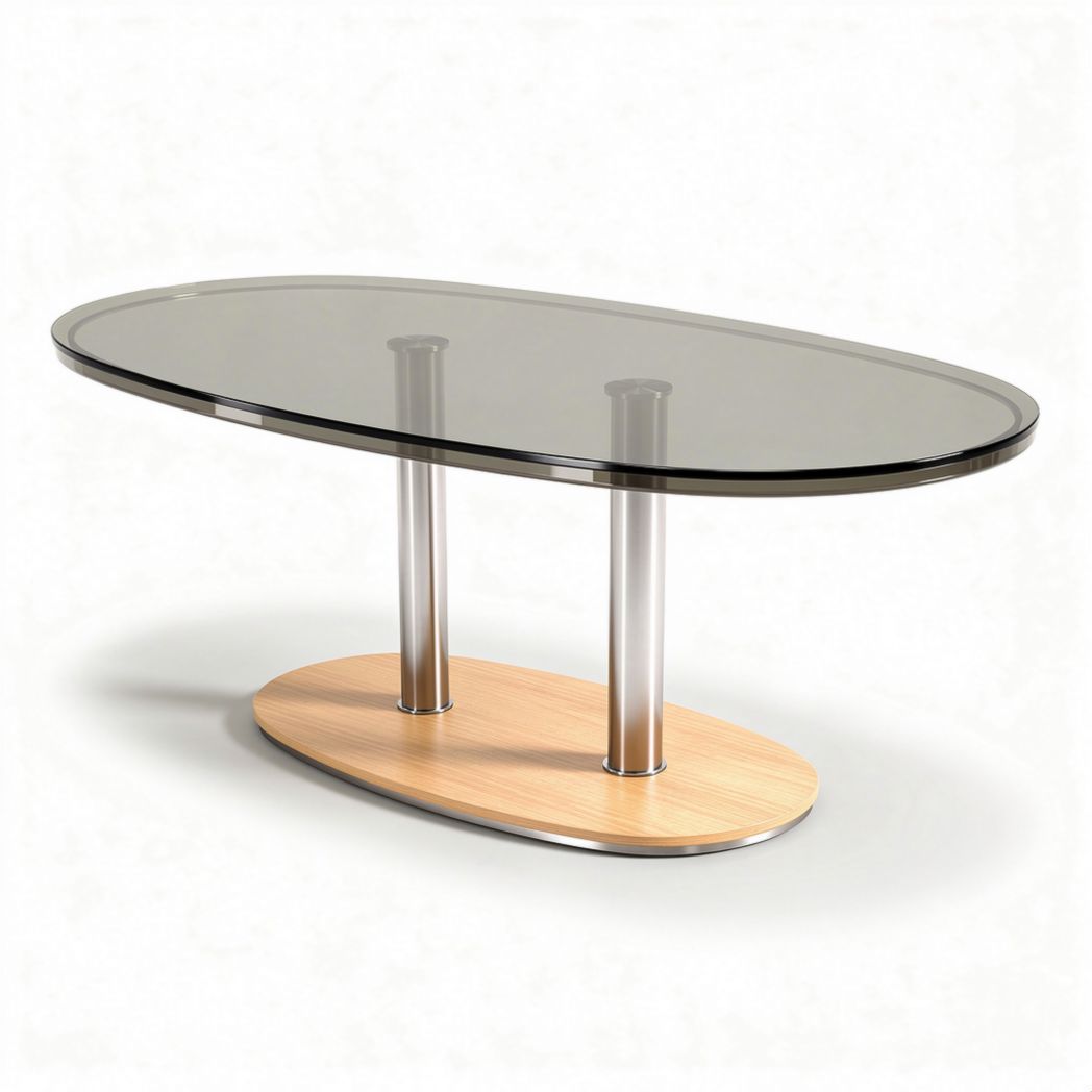 Glass top coffee table with wooden base and stainless steel legs 150 x 80 x 75cm