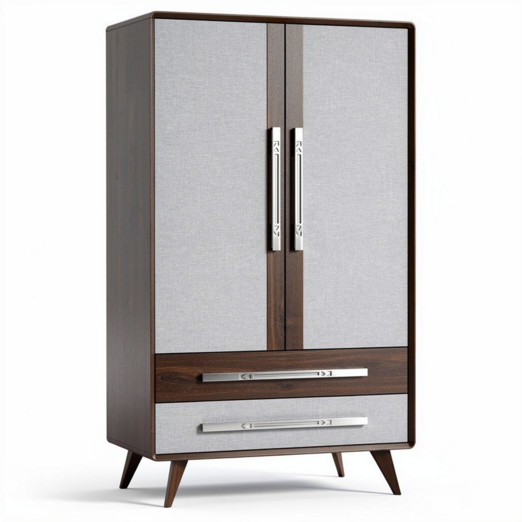 Modern two-door wardrobe with four drawers in beige and wood finish 180 x 90 x 40cm