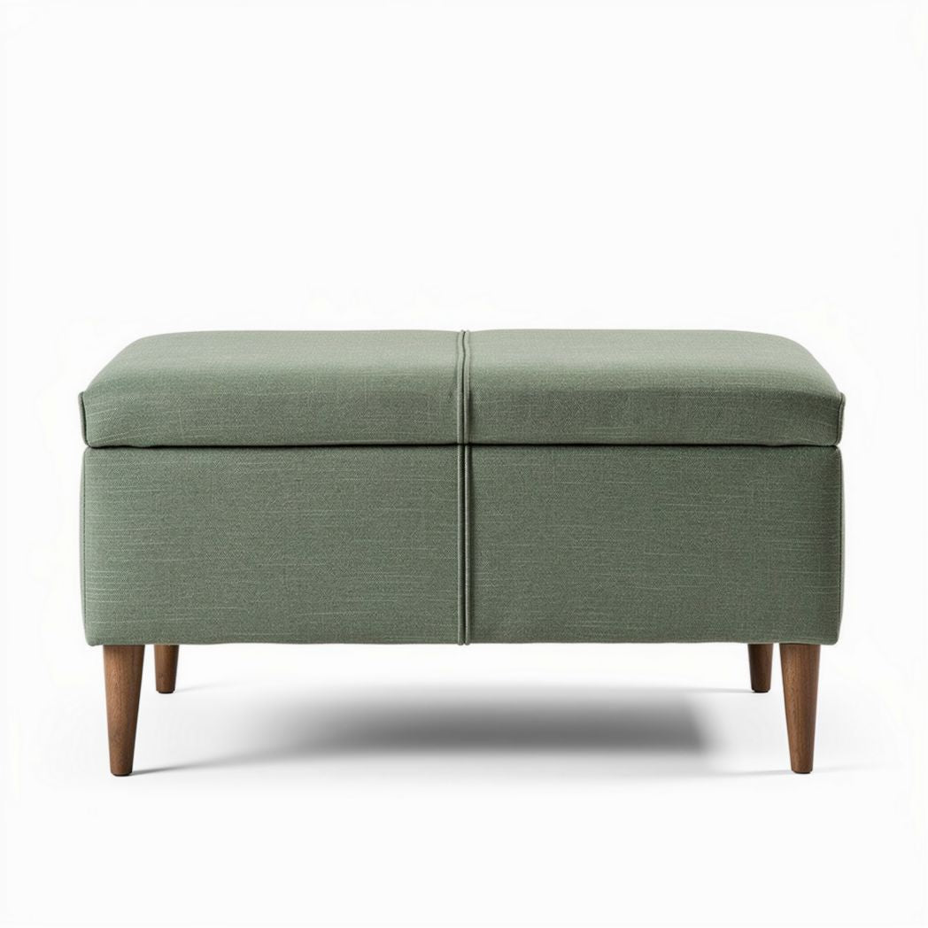 Green fabric storage ottoman with wood legs 80 x 40 x 40cm